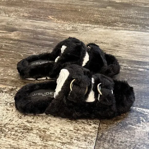 J/Slides NYC Shoes Womens Size 8 Black Faux Fur Bree Double Strap Slides NEW - Picture 9 of 11